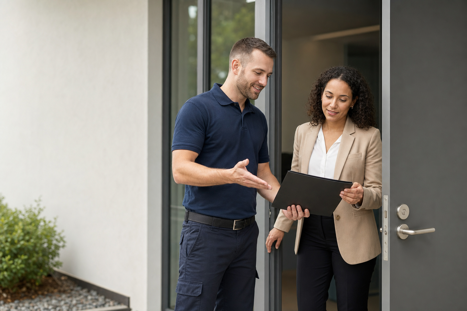 A man and woman discuss a document on a tablet while standing in a doorway.