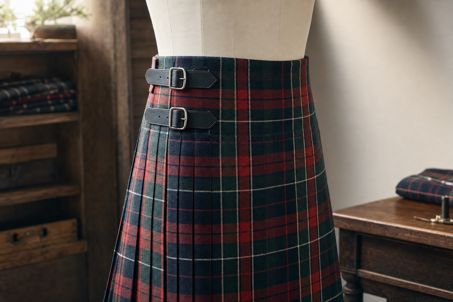 A tartan kilt with leather buckles displayed on a mannequin in a rustic room.