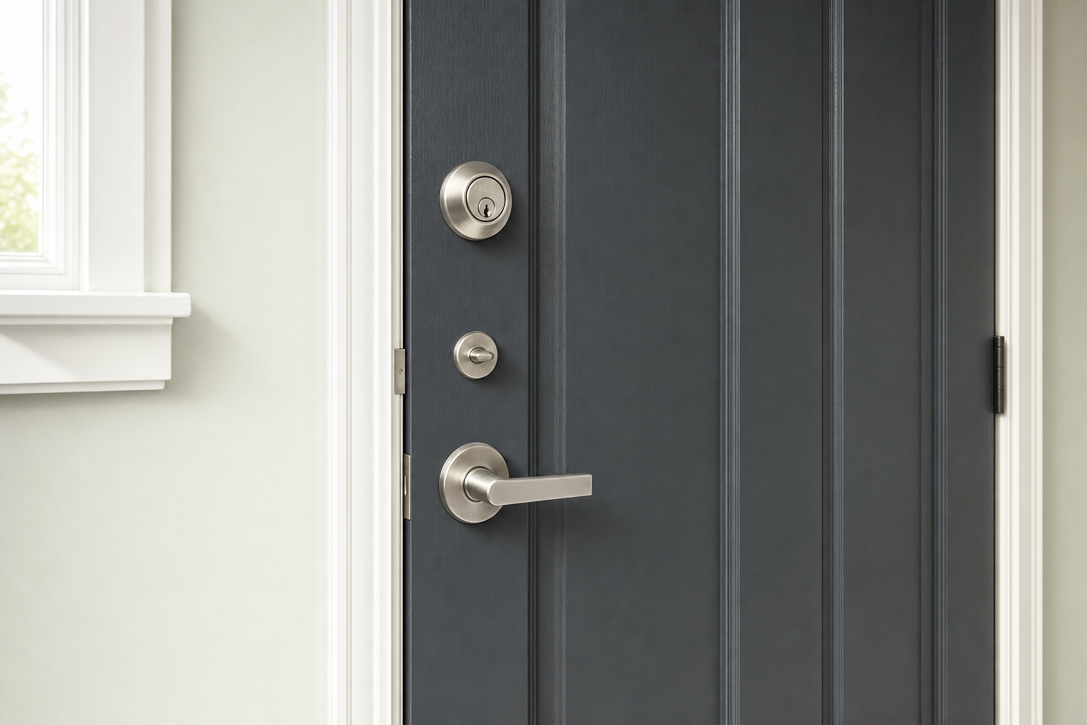 A dark grey door with a brushed metal handle and keyless lock near a window.