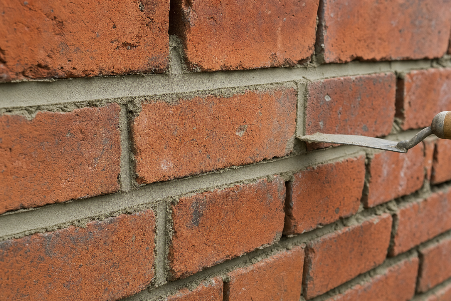 A trowel is used to apply mortar between red bricks in a wall under construction.