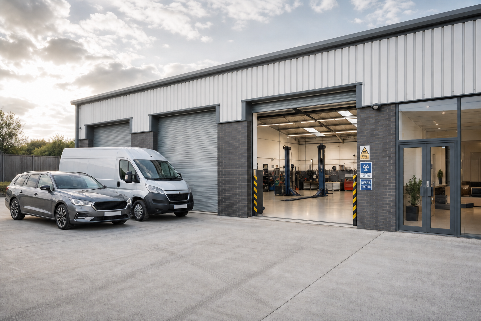 A modern vehicle service workshop with open garage doors and two parked vehicles in front.