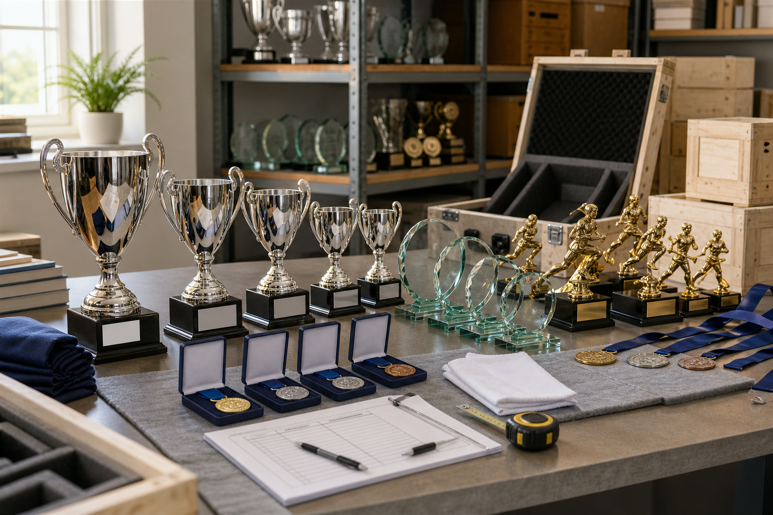 Various trophies and medals displayed on a table in a room.