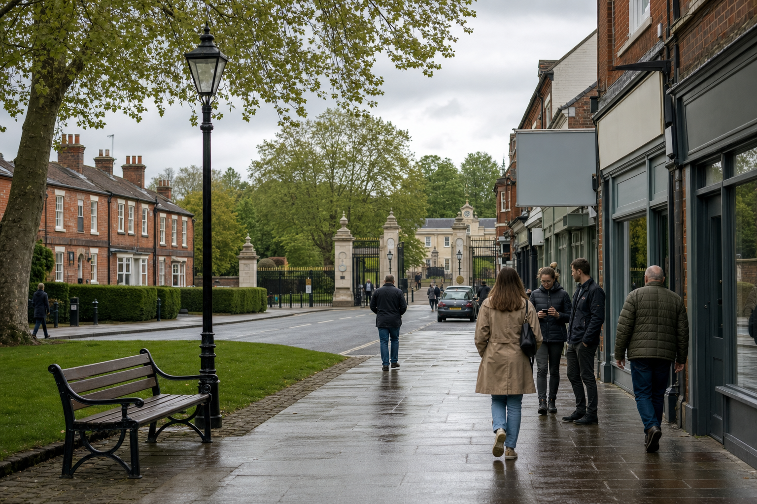 People walking on a wet pavement in a quaint British town with red-brick buildings and a gatehouse in the distance.