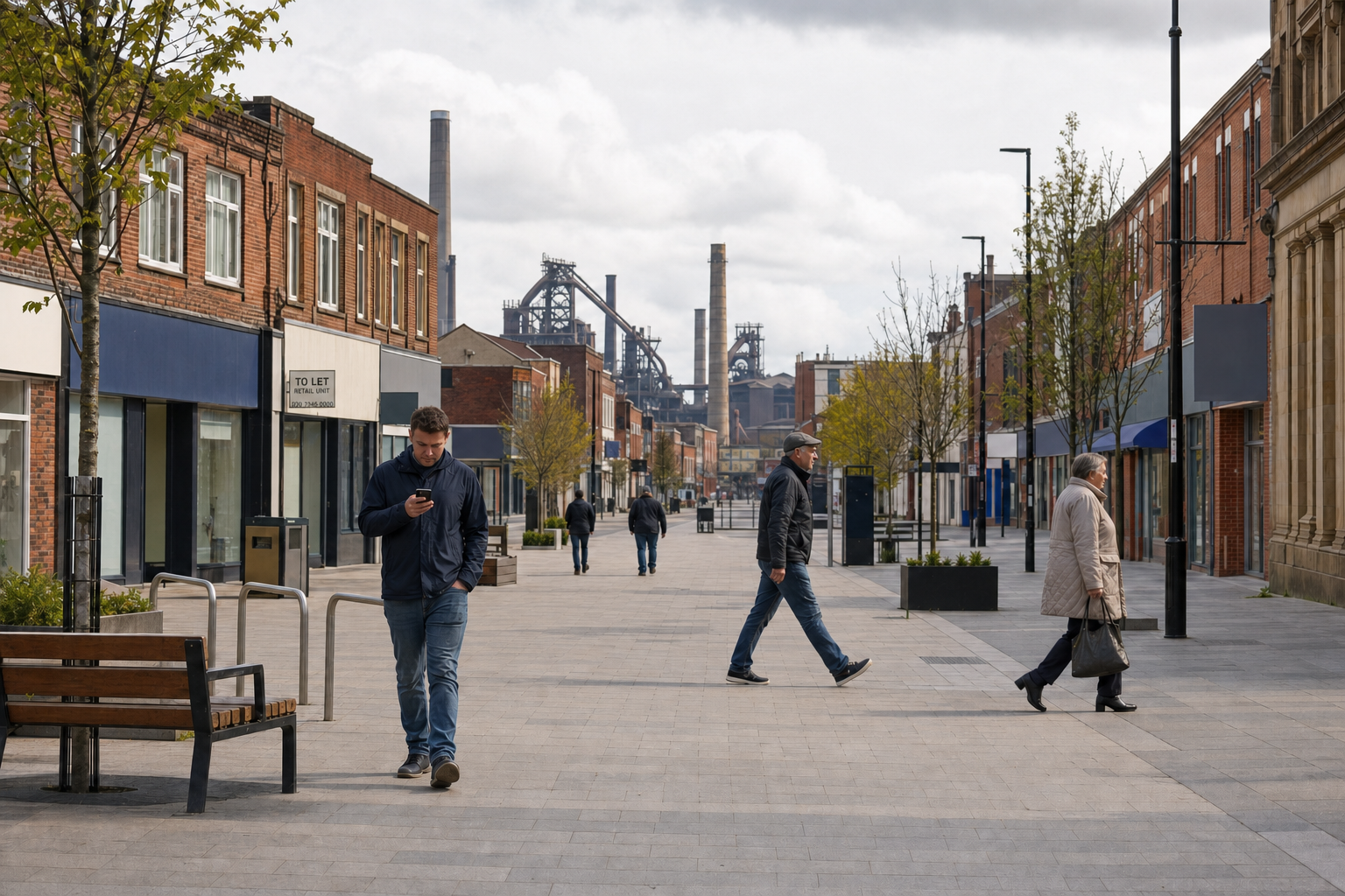People walking on a pedestrianised street in an industrial town with factories in the background.