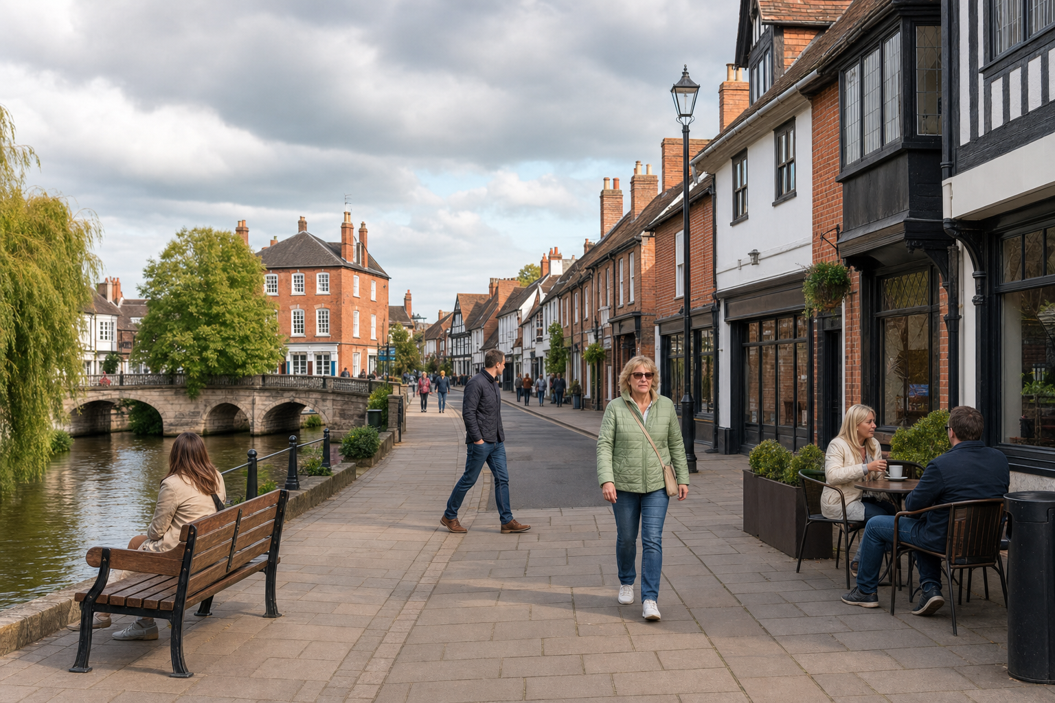 Pedestrian street by a river with people walking and sitting near shops and a historic bridge.