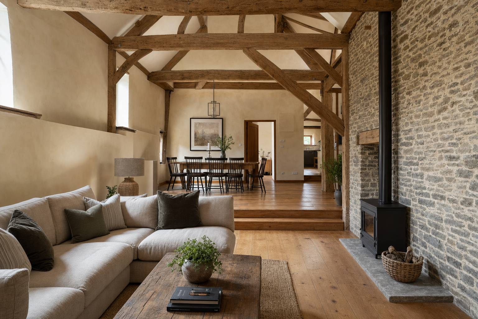 Spacious living room with exposed wooden beams, stone wall, a large sofa, and a dining table in the background.