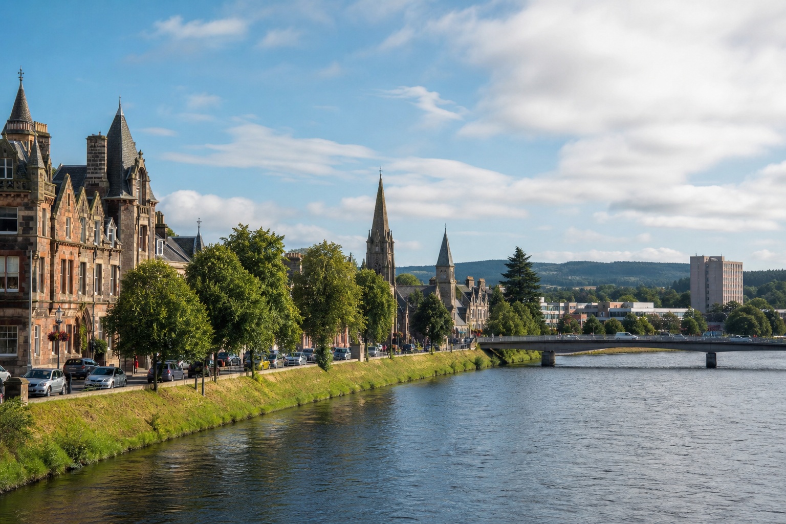 Riverside view of a historic town with stone buildings, trees, and a bridge under a blue sky.