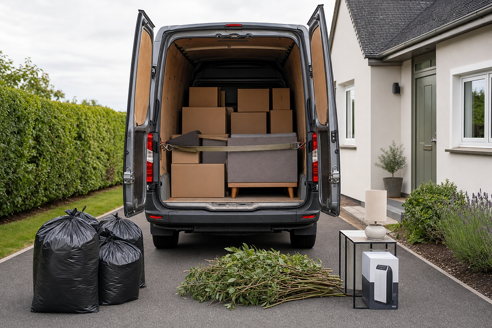 A van parked on a driveway with its doors open, filled with boxes and furniture, surrounded by bags and household items.