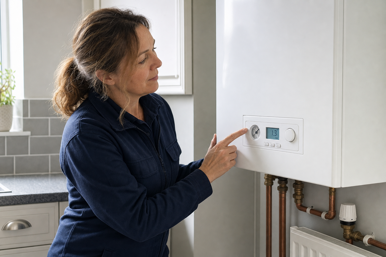 A woman in a blue jacket adjusts the settings on a white boiler in a kitchen.