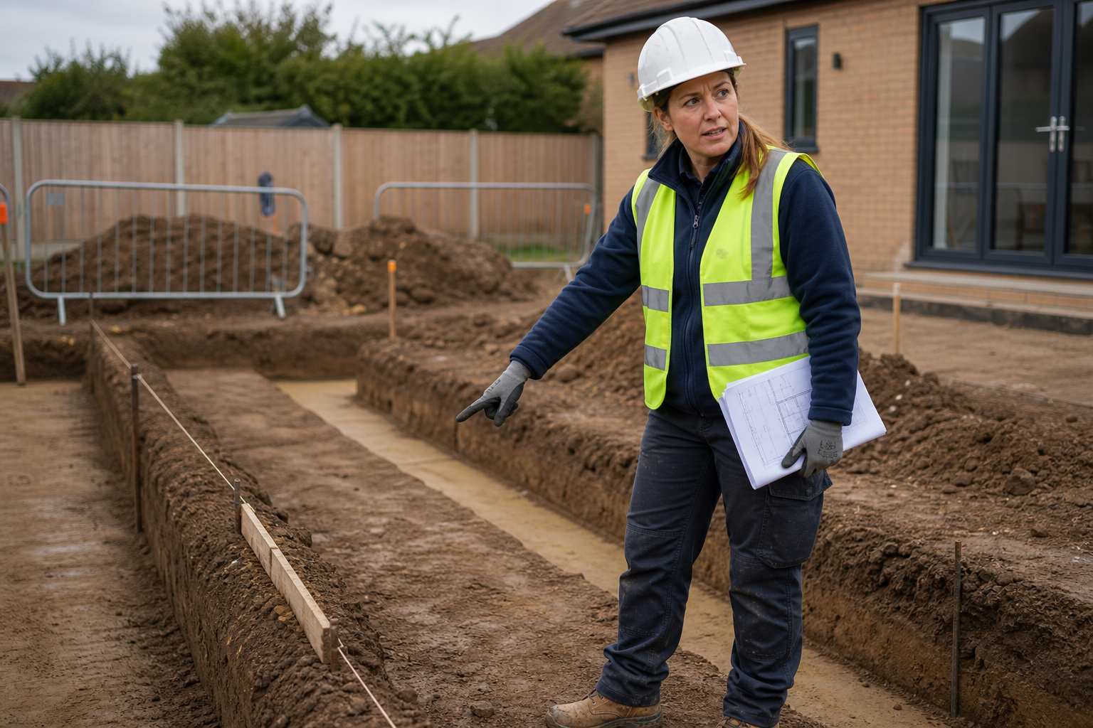 A construction worker in a high-visibility vest and hard hat points at a building site with plans in hand.