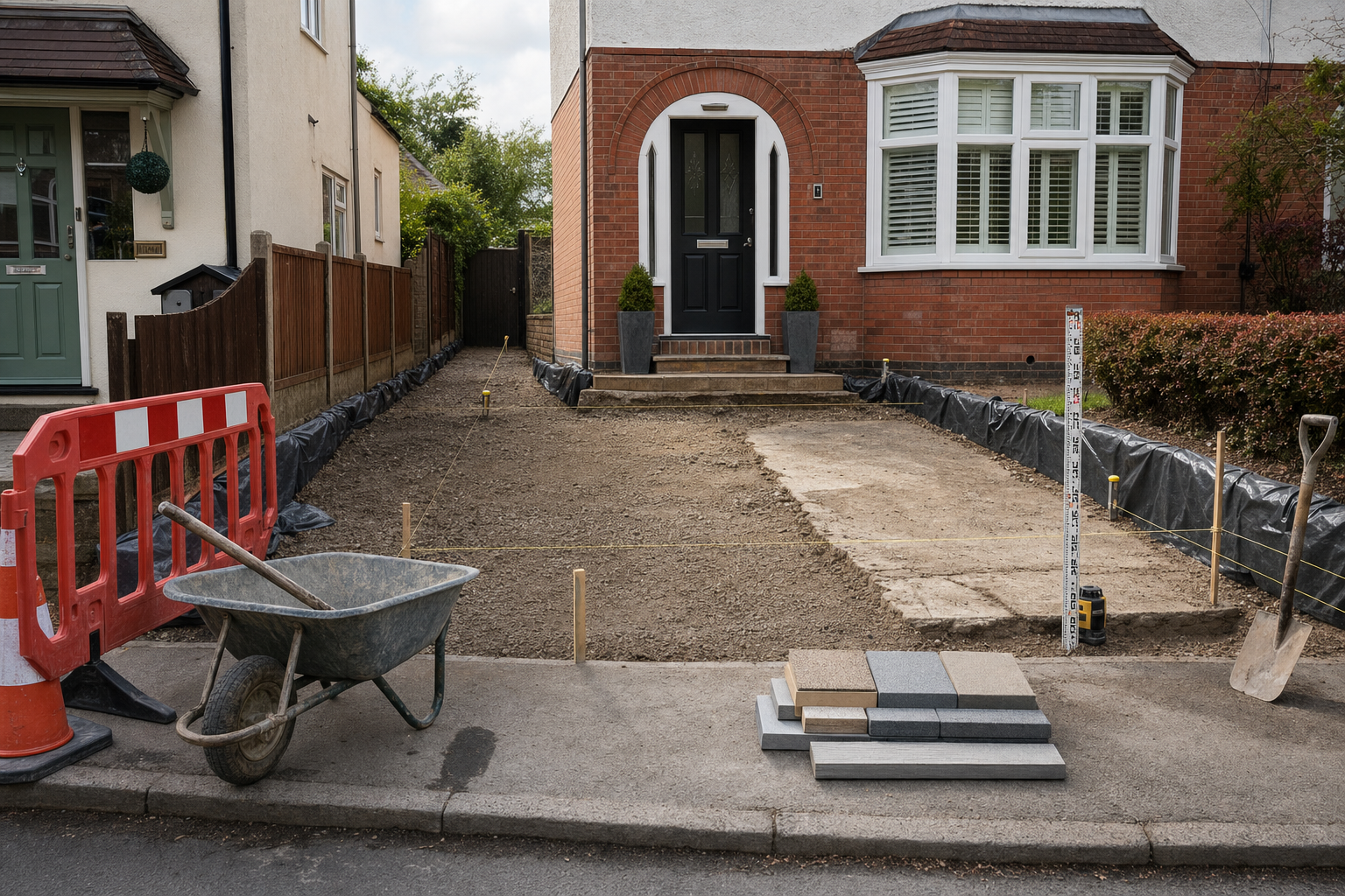 Garden excavation in progress with a wheelbarrow, paving slabs, and a shovel in front of a red-brick house.