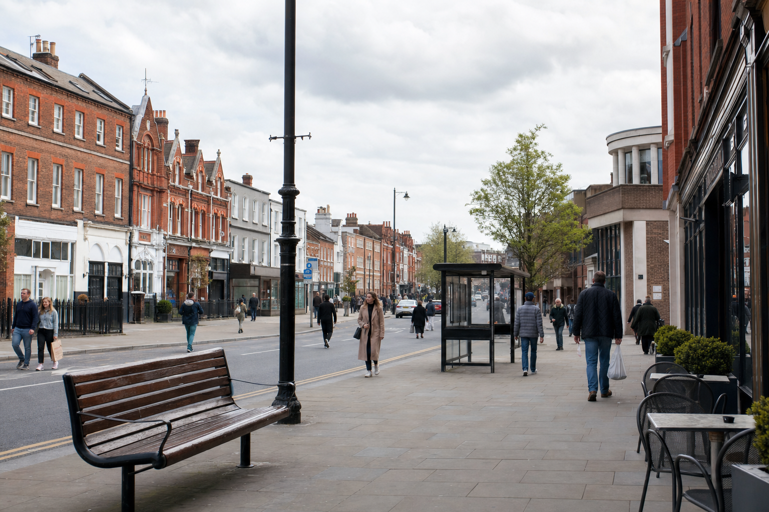 A bustling street scene with people walking and a row of traditional red brick buildings.