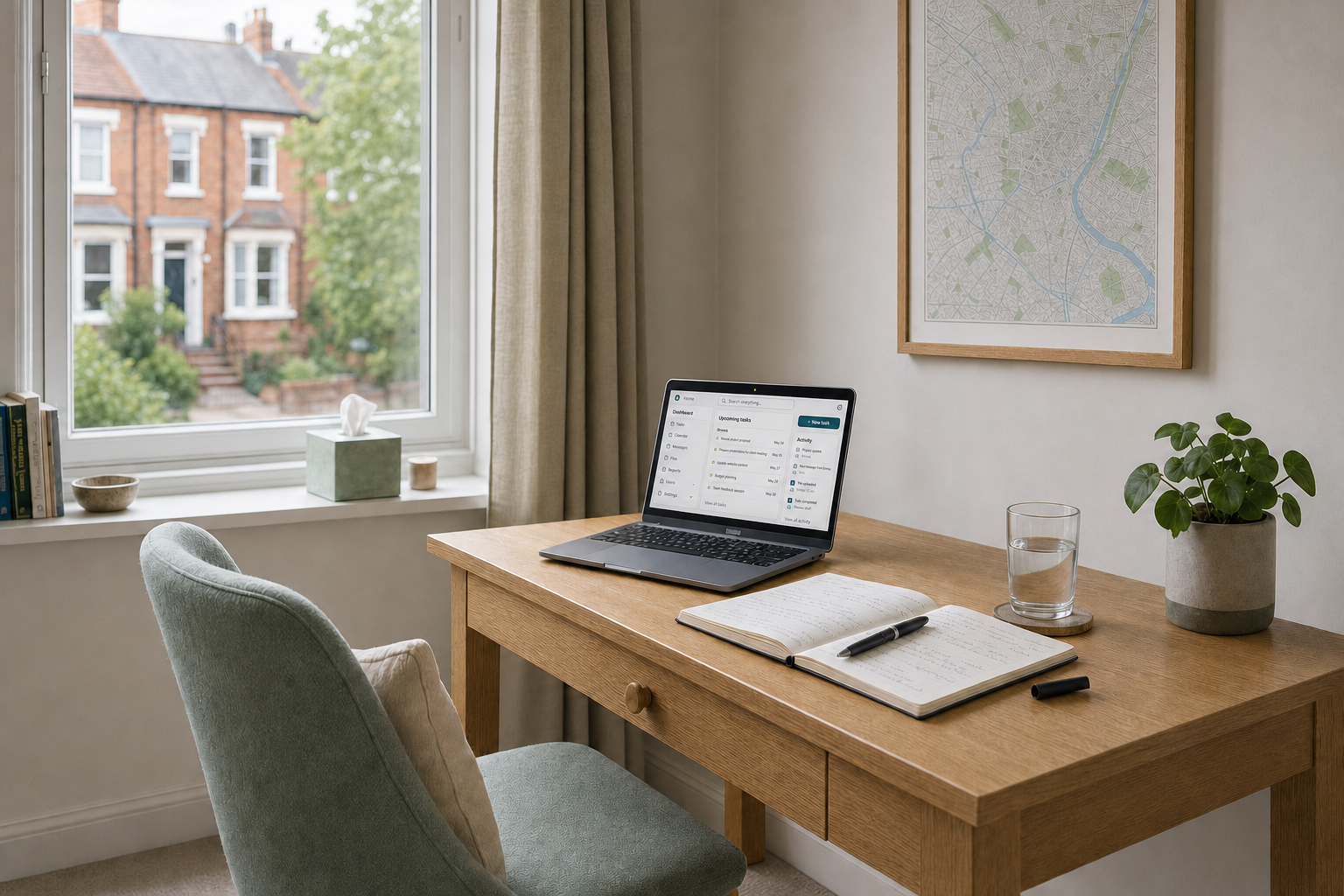 Home office desk with a laptop, open notebook, pen, glass of water, and a potted plant, overlooking a residential street.