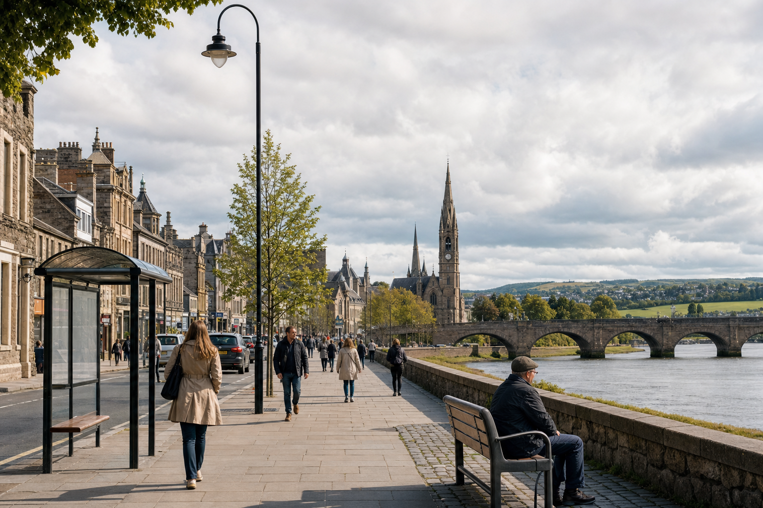 People walking along a riverside path with historic buildings and an arched stone bridge in the background.