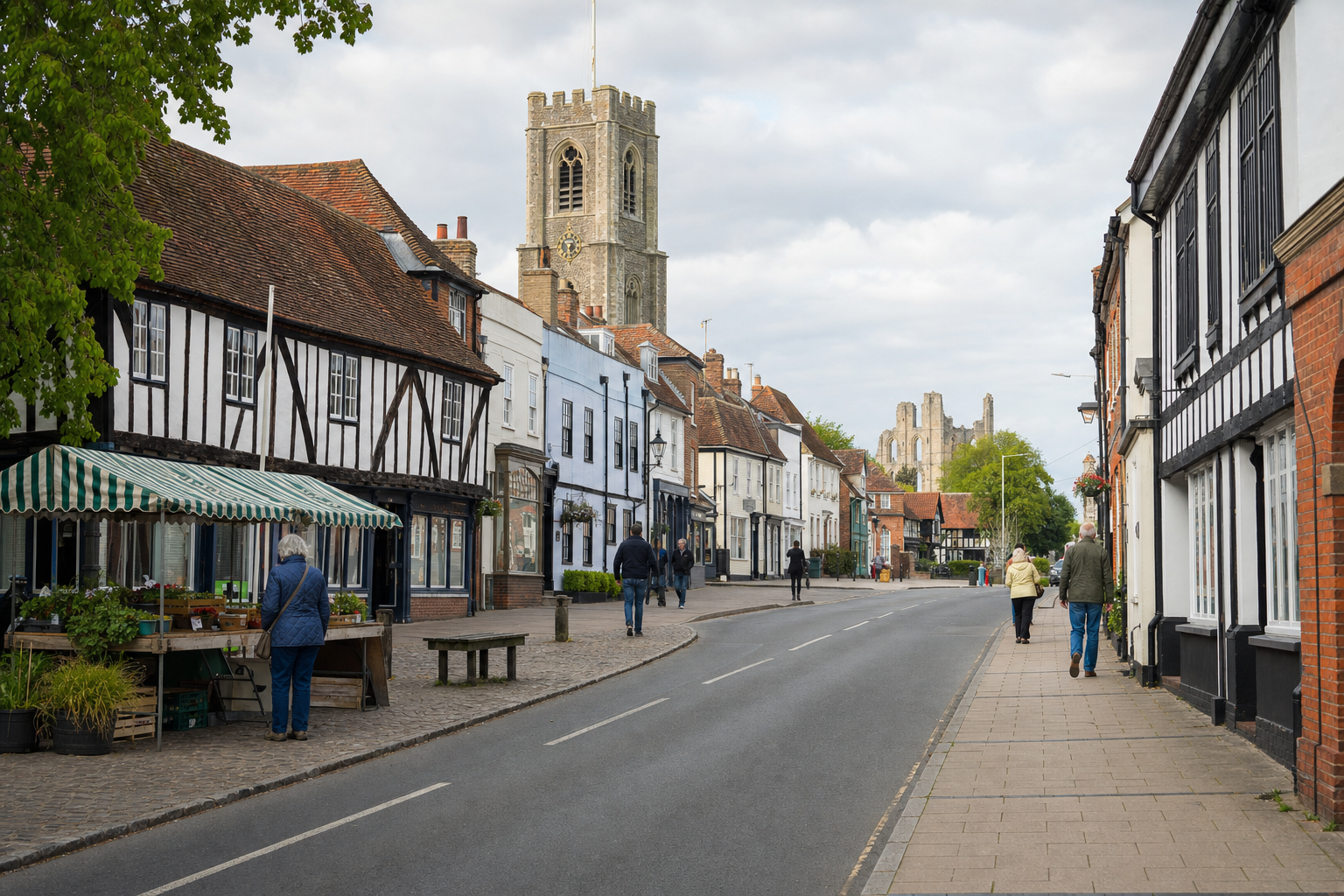People walking along a quaint British town street with historic buildings and a church tower in the background.