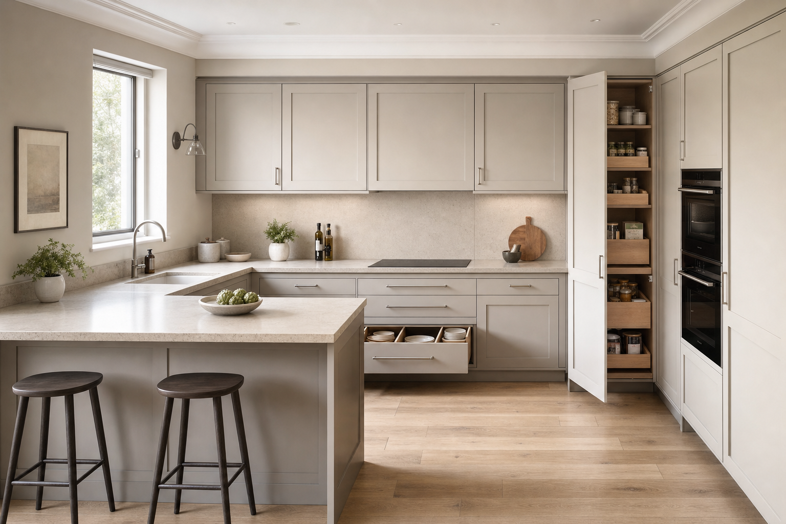 Modern kitchen with beige cabinets, a central island with stools, and an open pantry displaying neatly organised shelves.