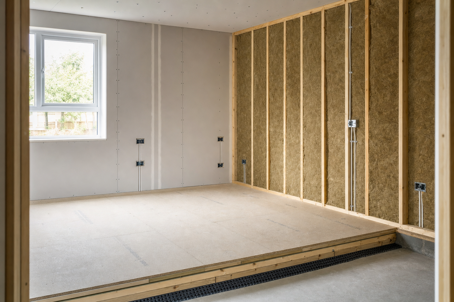 Unfinished room with drywall and insulation, featuring exposed wooden framing and electrical outlets, lit by a window.