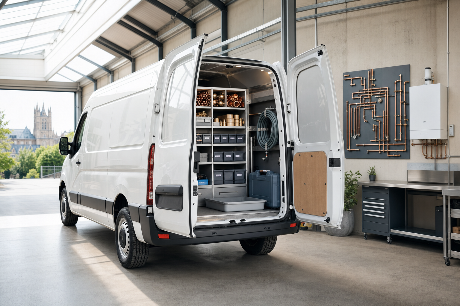White van with open doors revealing organised plumbing supplies inside a workshop with a copper pipe display on the wall.