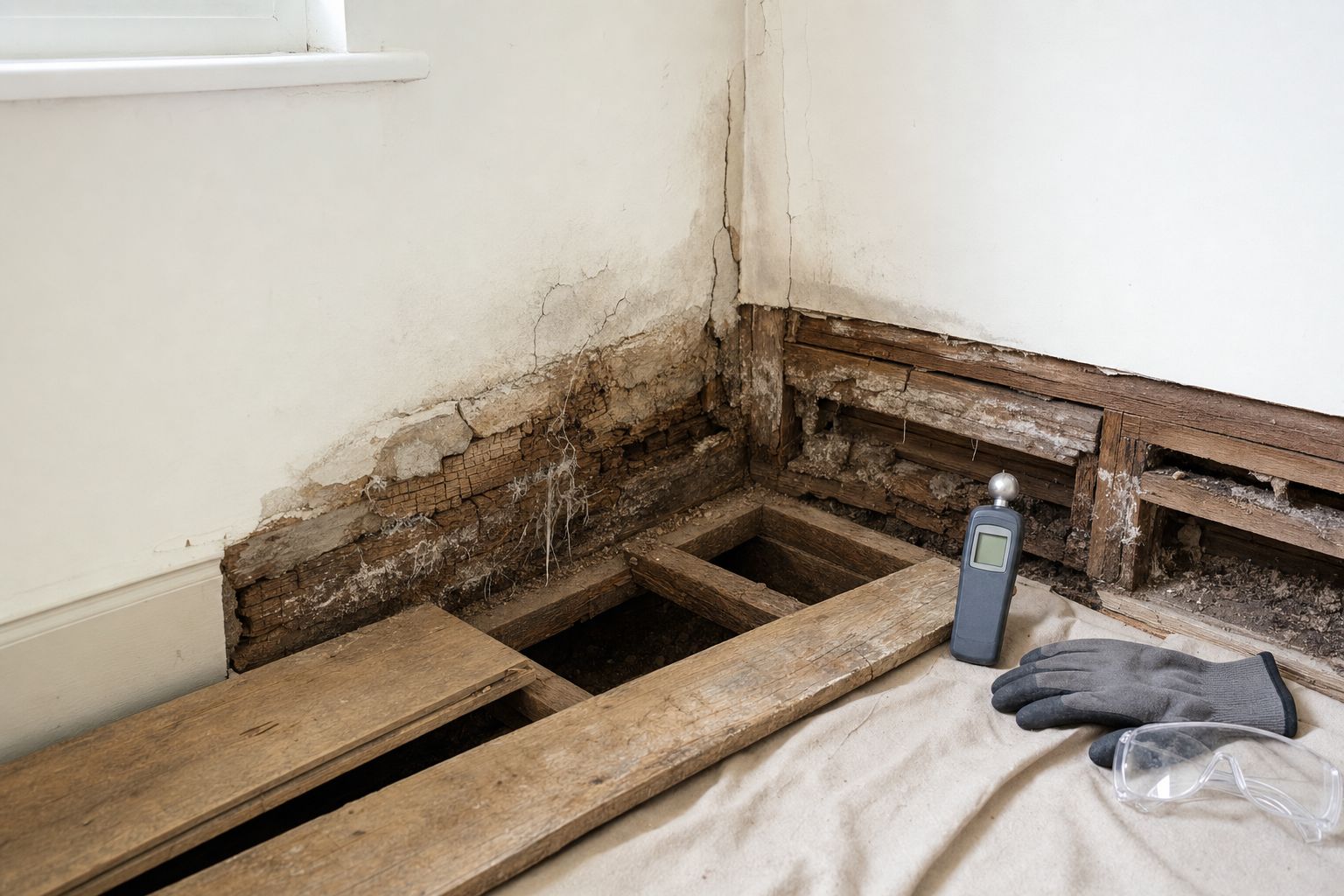 Rotting wooden floorboards and wall with decay, a moisture meter, safety gloves, and goggles nearby.