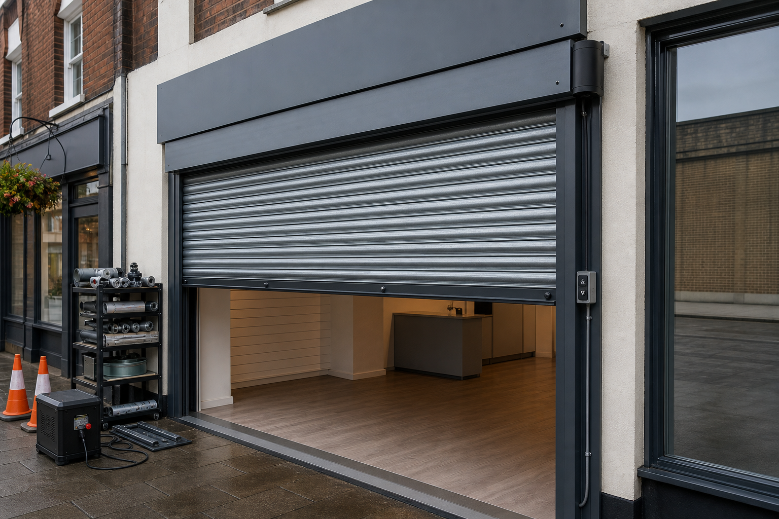 Half-open roller shutter door at Hounslow Business Park with toolbox in the foreground.
