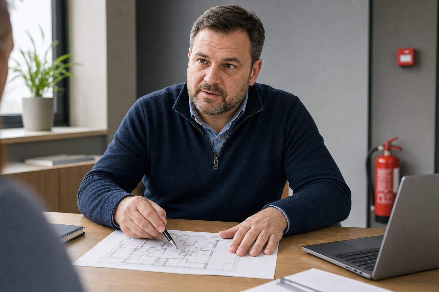 Man in a blue jumper discussing architectural plans at a desk with a laptop.