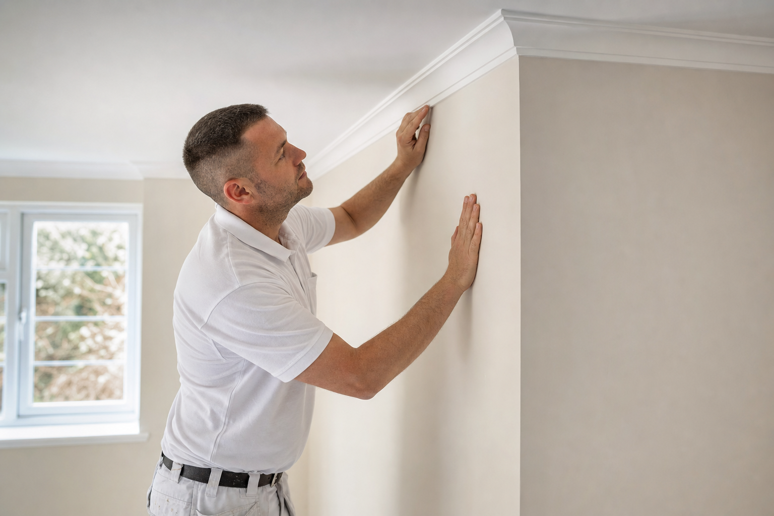 A man in a white polo shirt aligns wallpaper on a beige wall beneath a white cornice in a bright room.