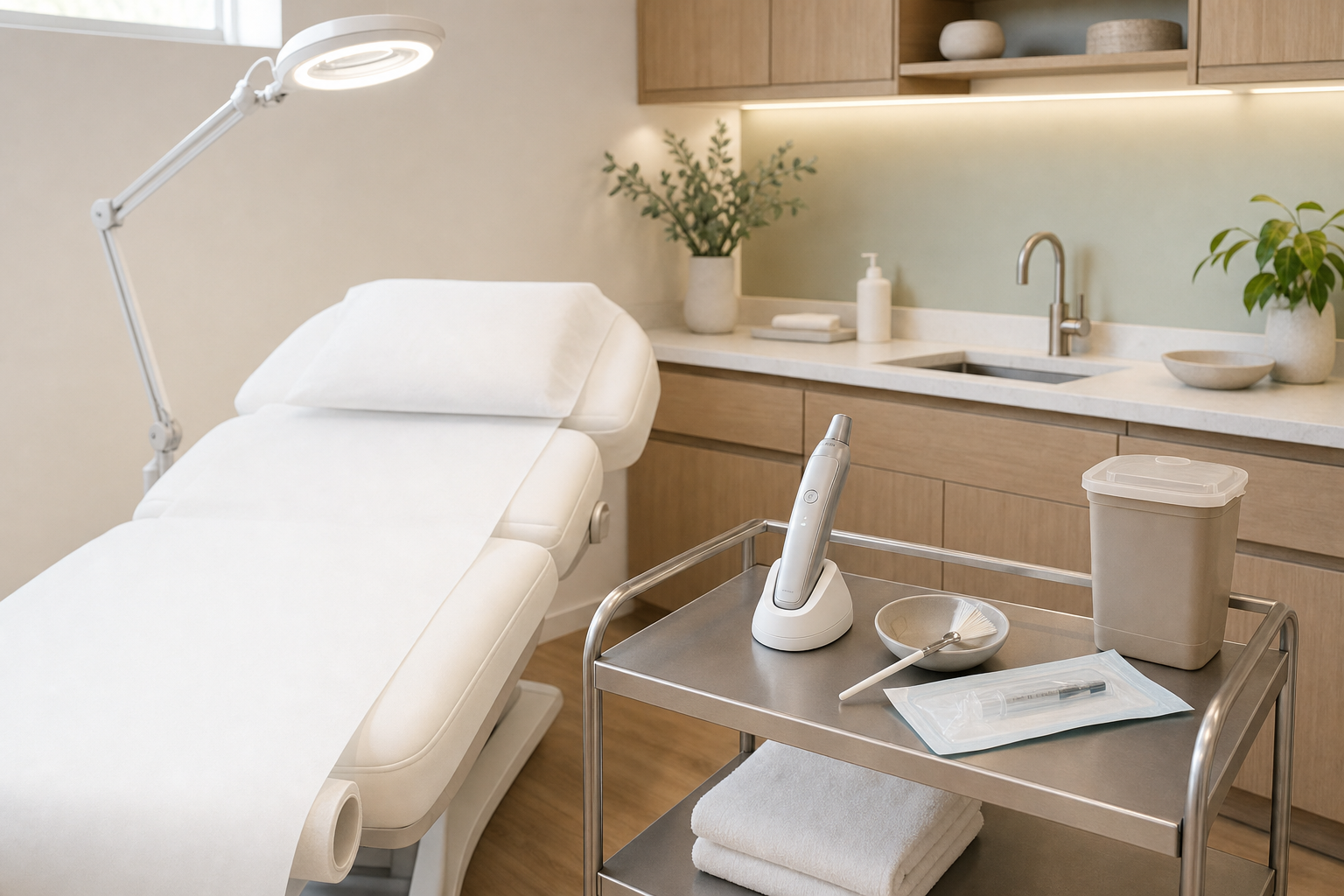 Modern medical aesthetic treatment room with a white examination chair and equipment on a trolley.