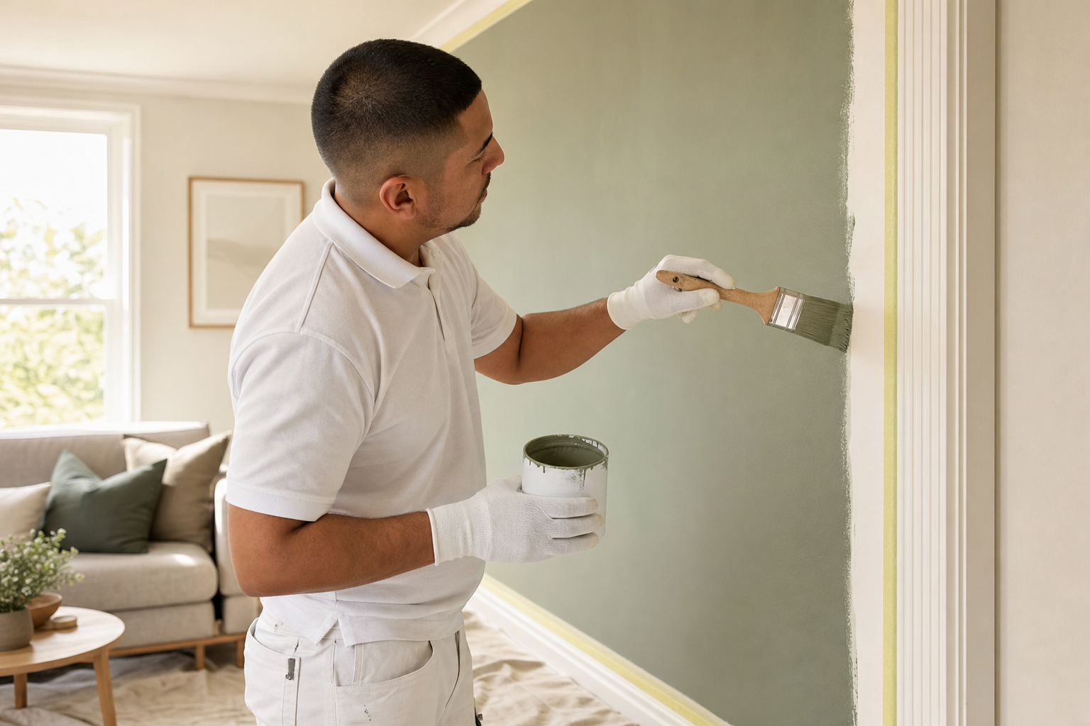 A painter in white uniform paints a green accent wall in a bright, modern living room.