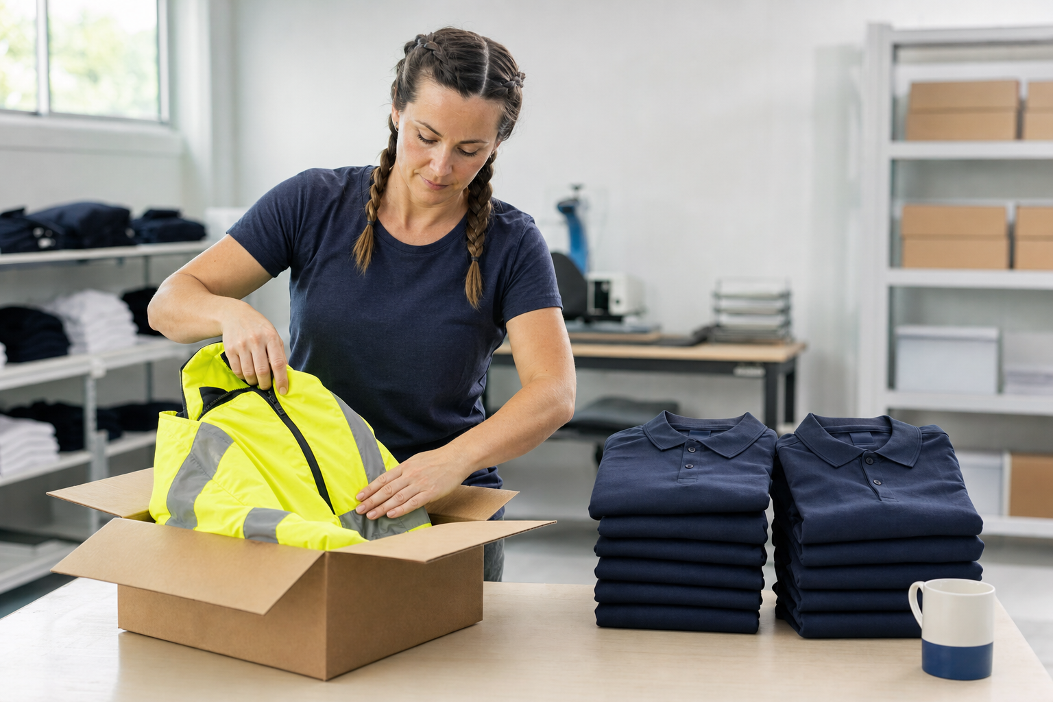 A woman packs a high-visibility jacket into a cardboard box in a neatly organised workspace.