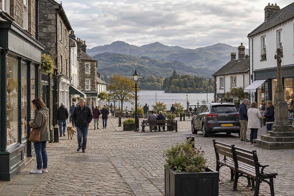 A bustling street in a quaint lakeside village with cobblestone paths, surrounded by hills and scenic views.