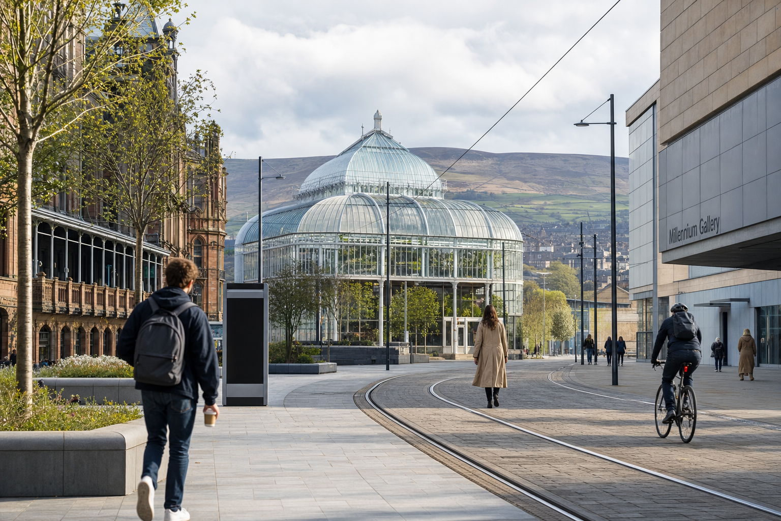 People walking and cycling near a large glass conservatory and the Millennium Gallery, with hills visible in the background.