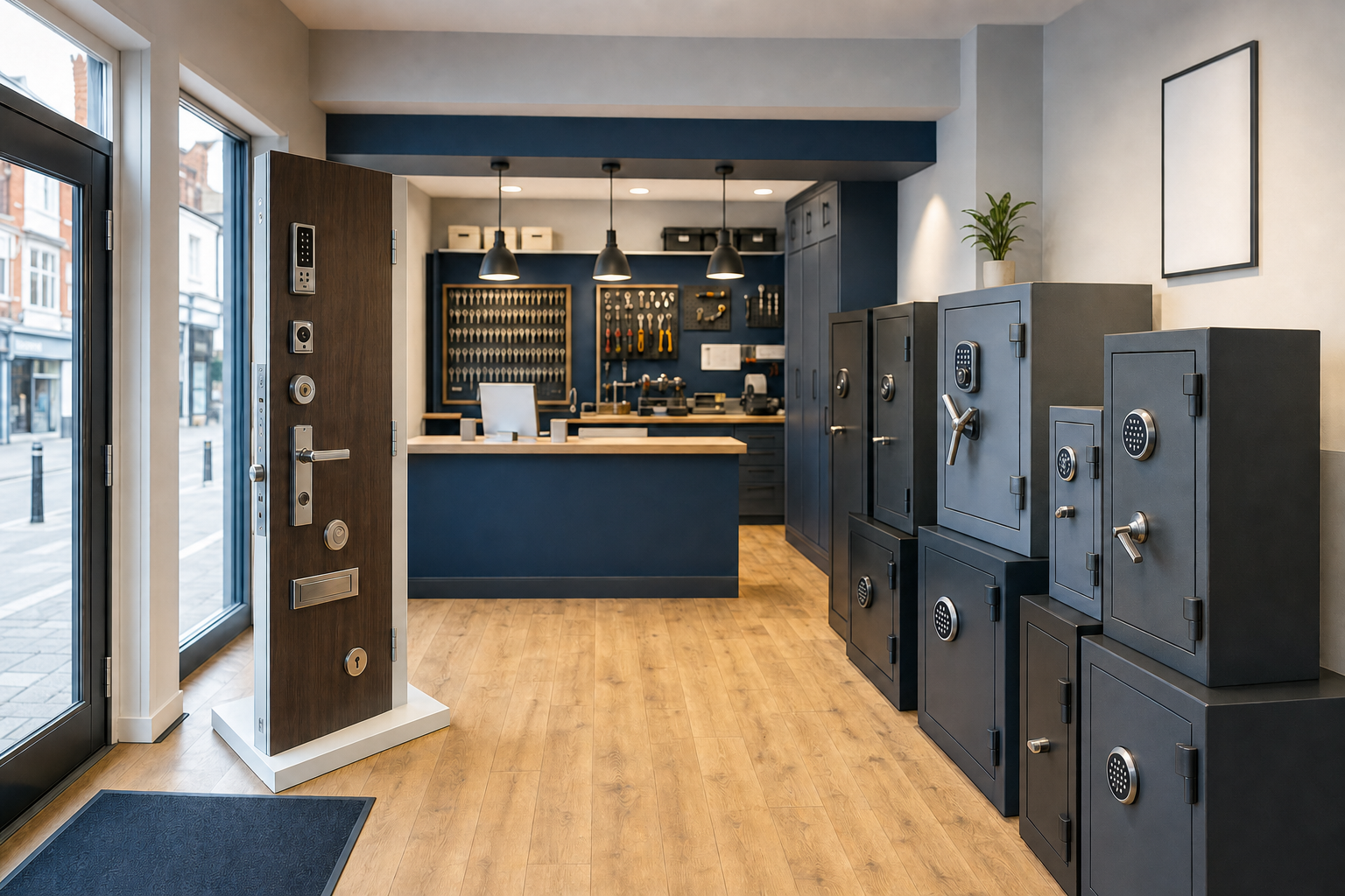 Modern locksmith shop interior with a display of locks, safes, and keys on the wall behind the counter.