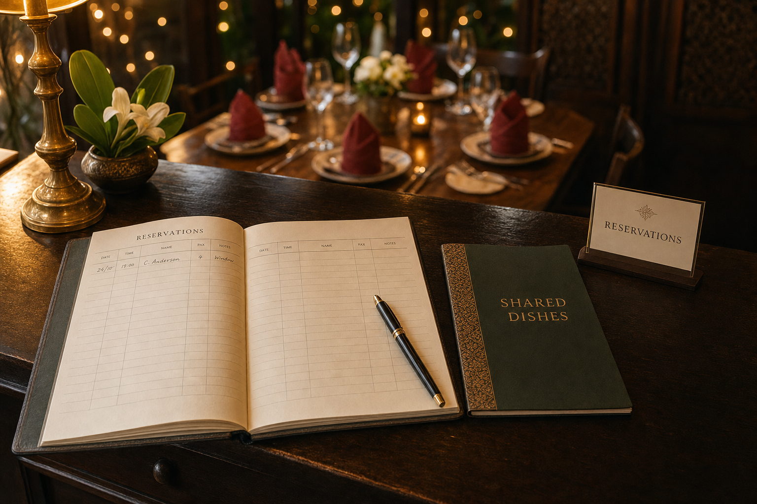 An elegantly set restaurant table with a reservations book and a menu on a wooden counter.