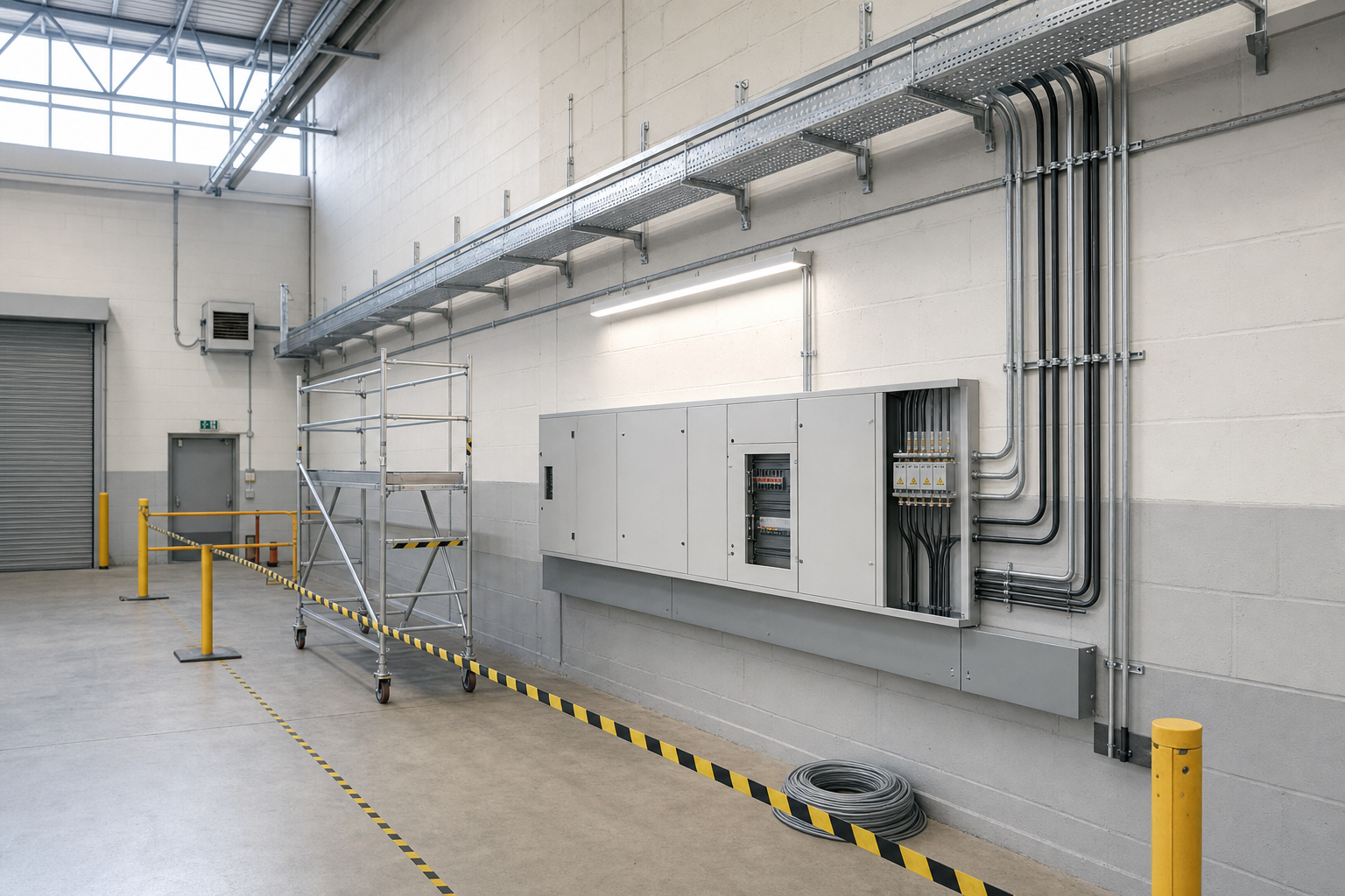 Industrial interior with electrical panel and cables on a wall, scaffolding, and safety barriers in an open, well-lit space.
