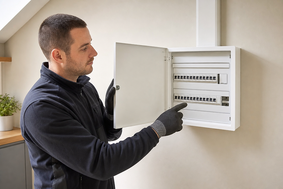 Electrician examining a circuit breaker panel with protective gloves in a modern interior.