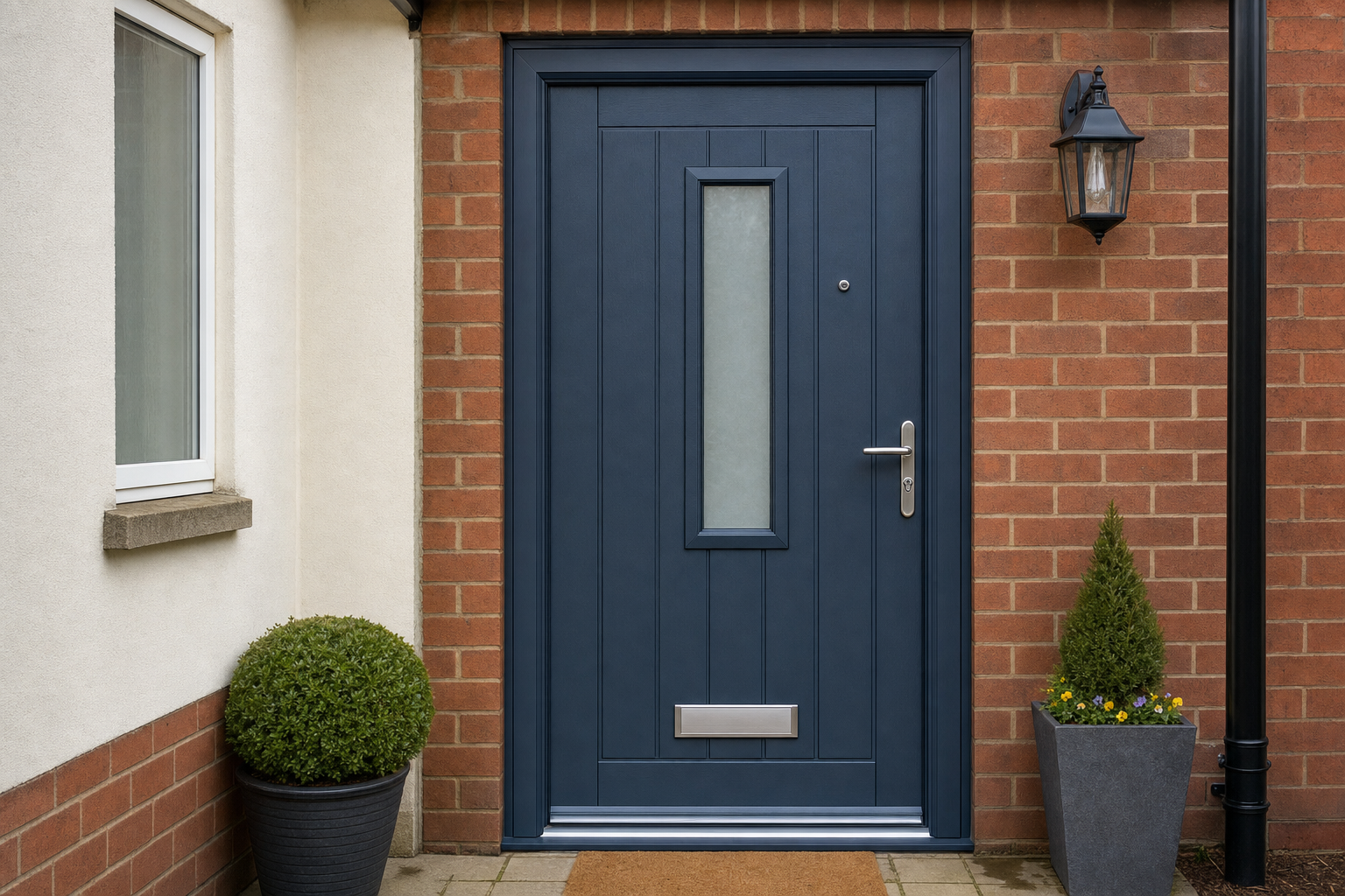Navy blue front door with a metal handle and letterbox, flanked by potted plants on a red brick wall.