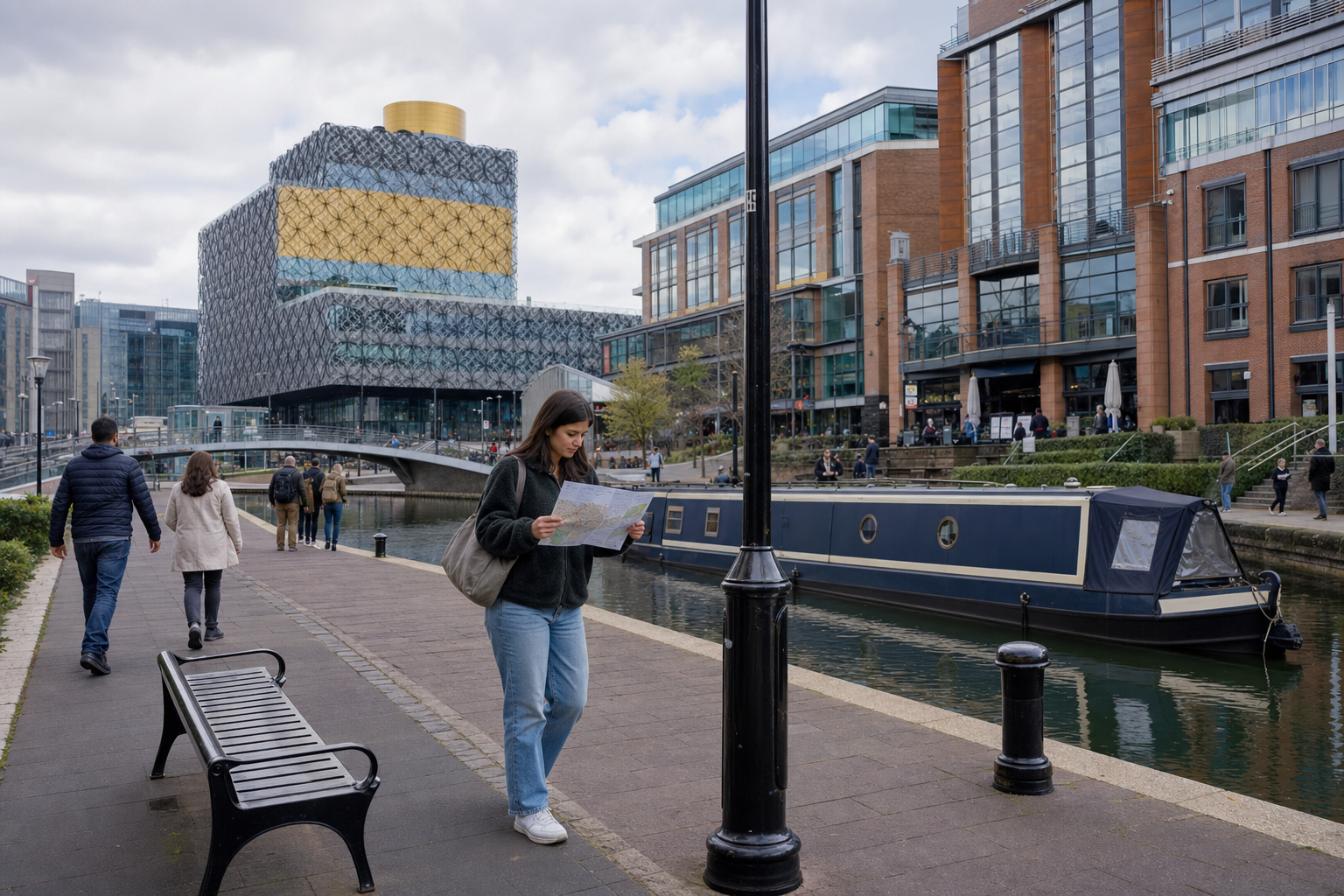 A woman reads a map beside a canal in an urban area with modern buildings and a narrowboat moored nearby.