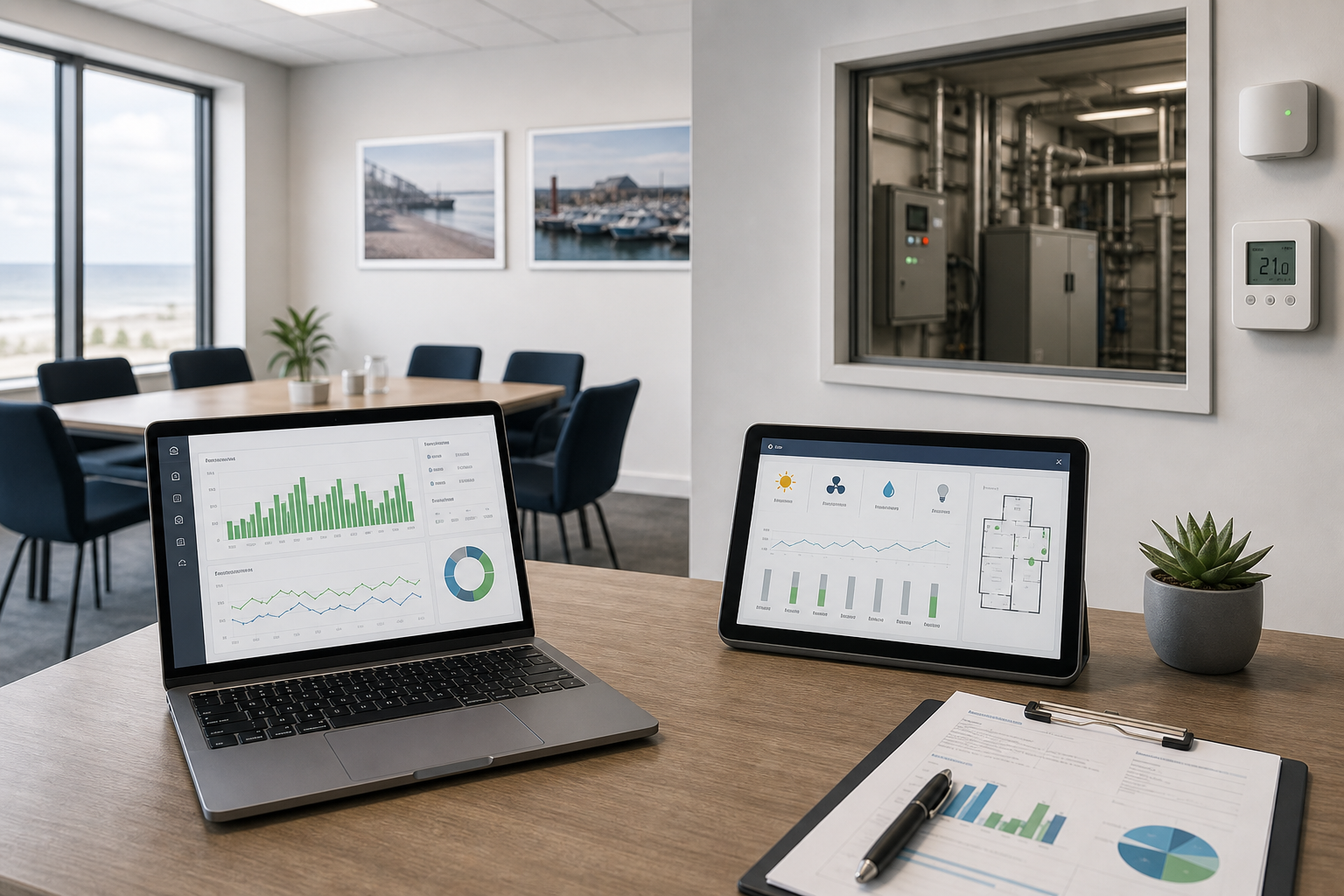 Conference room with laptops displaying graphs, a clipboard, and a window showing industrial equipment.