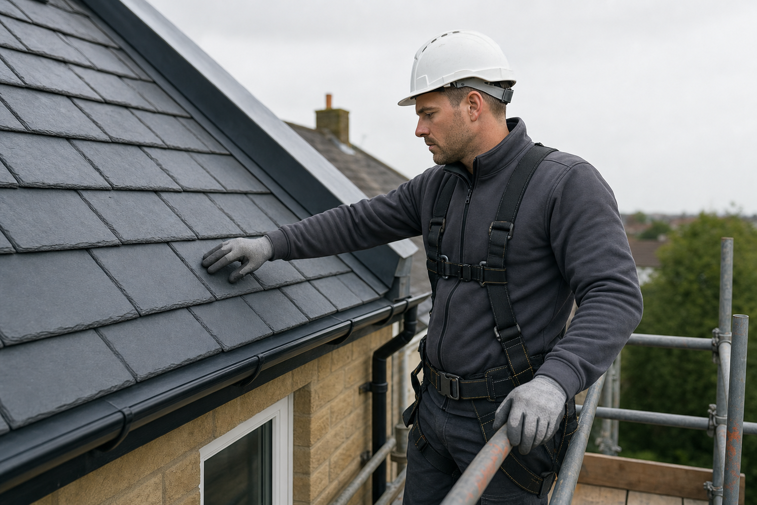 A construction worker inspects slate roof tiles while standing on scaffolding, wearing a hard hat and safety harness.