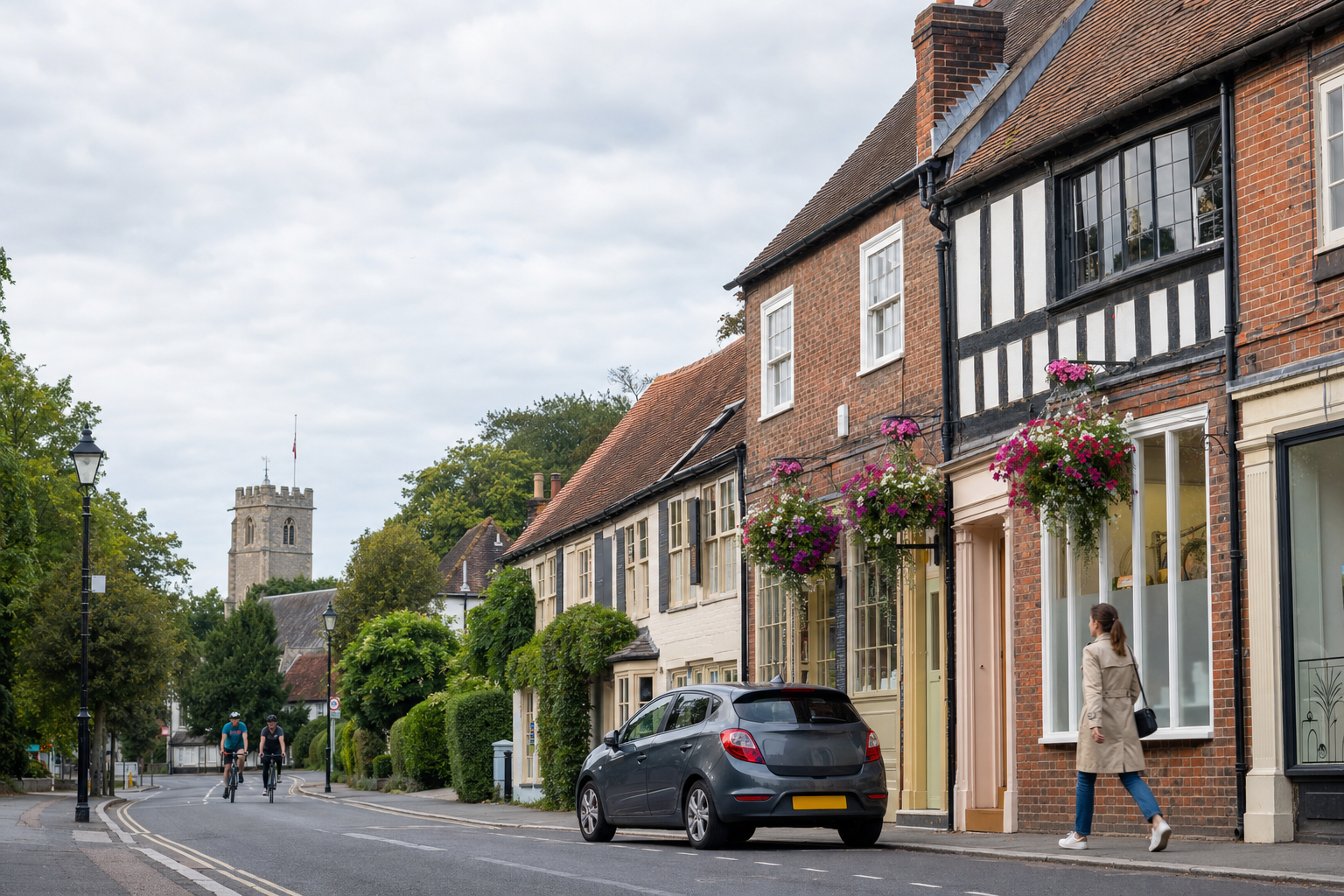 A woman walks past charming half-timbered houses with hanging flowers on a quaint street, with a church tower in the background.