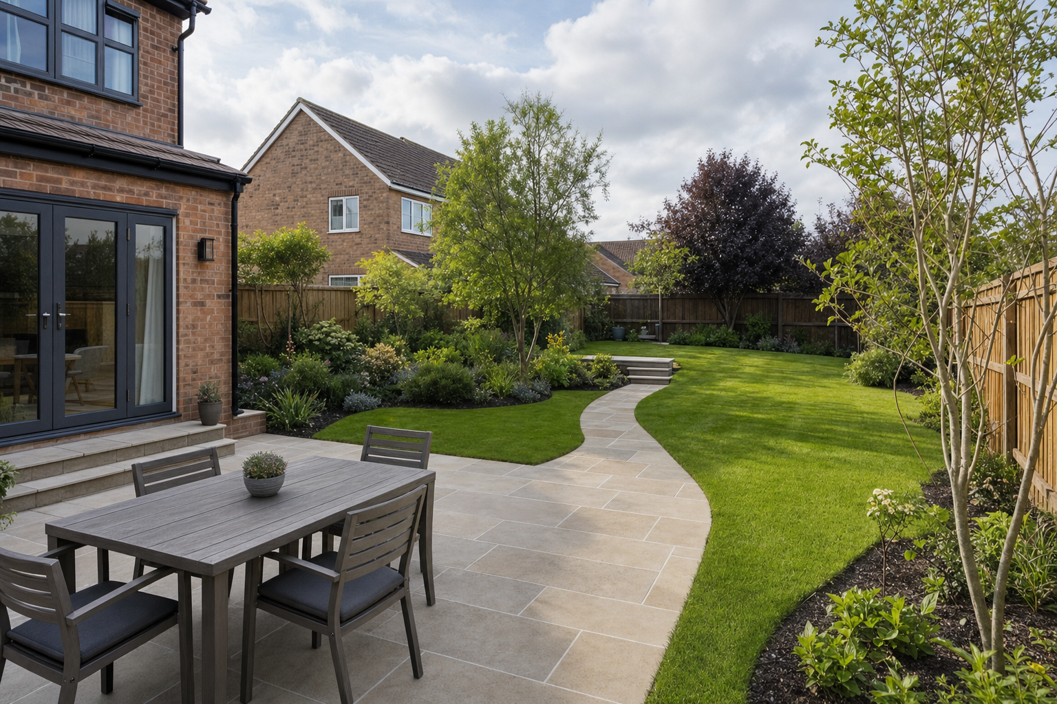 A modern garden with a paved patio area featuring a dining table and chairs, surrounded by lush greenery and a winding path.