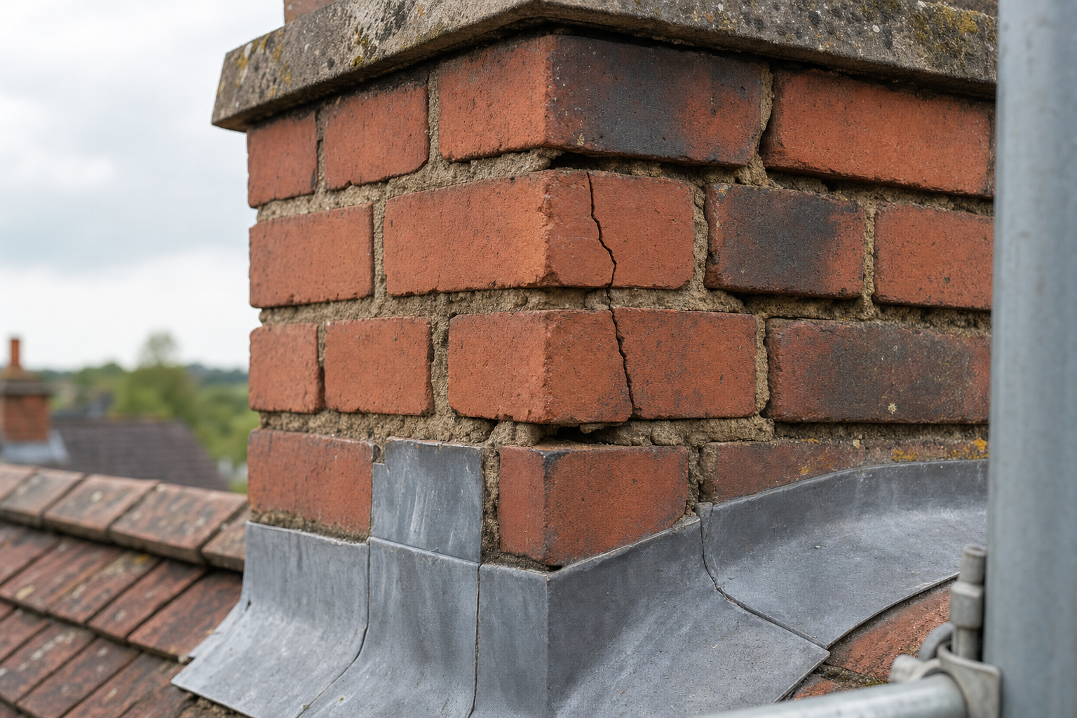 Brick chimney with visible cracks and damage against a cloudy sky.