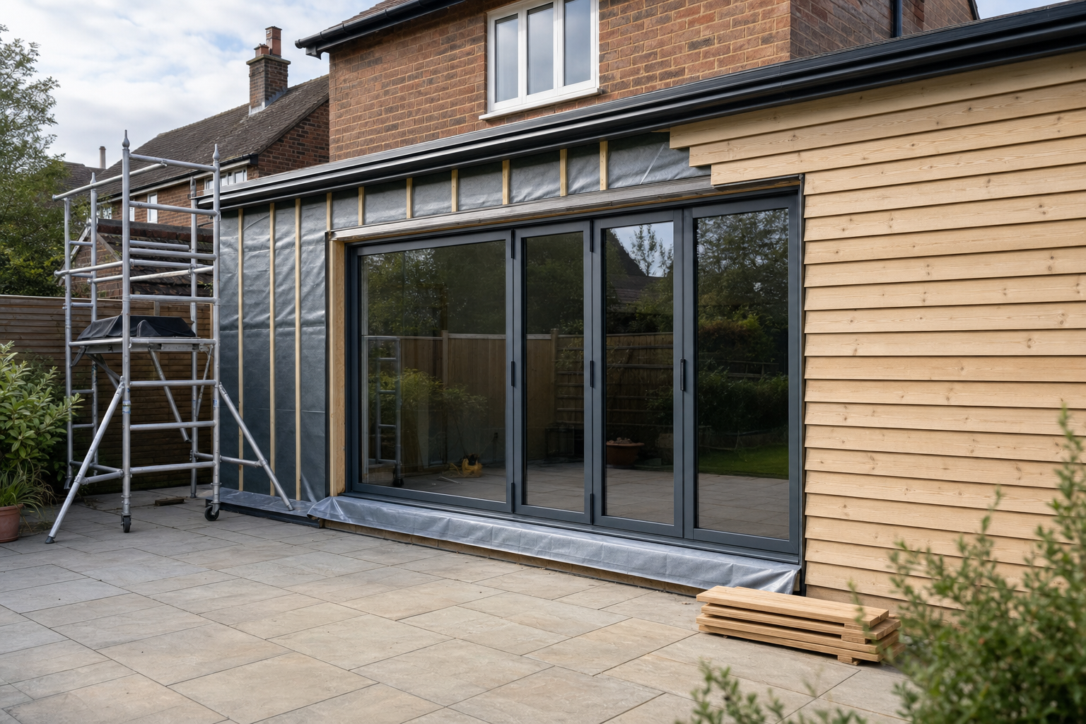 A modern house extension under construction with large sliding glass doors and scaffolding in the garden.