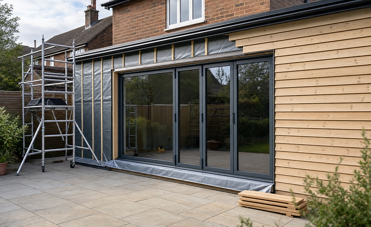 A modern house extension under construction with large sliding glass doors and scaffolding in the garden.