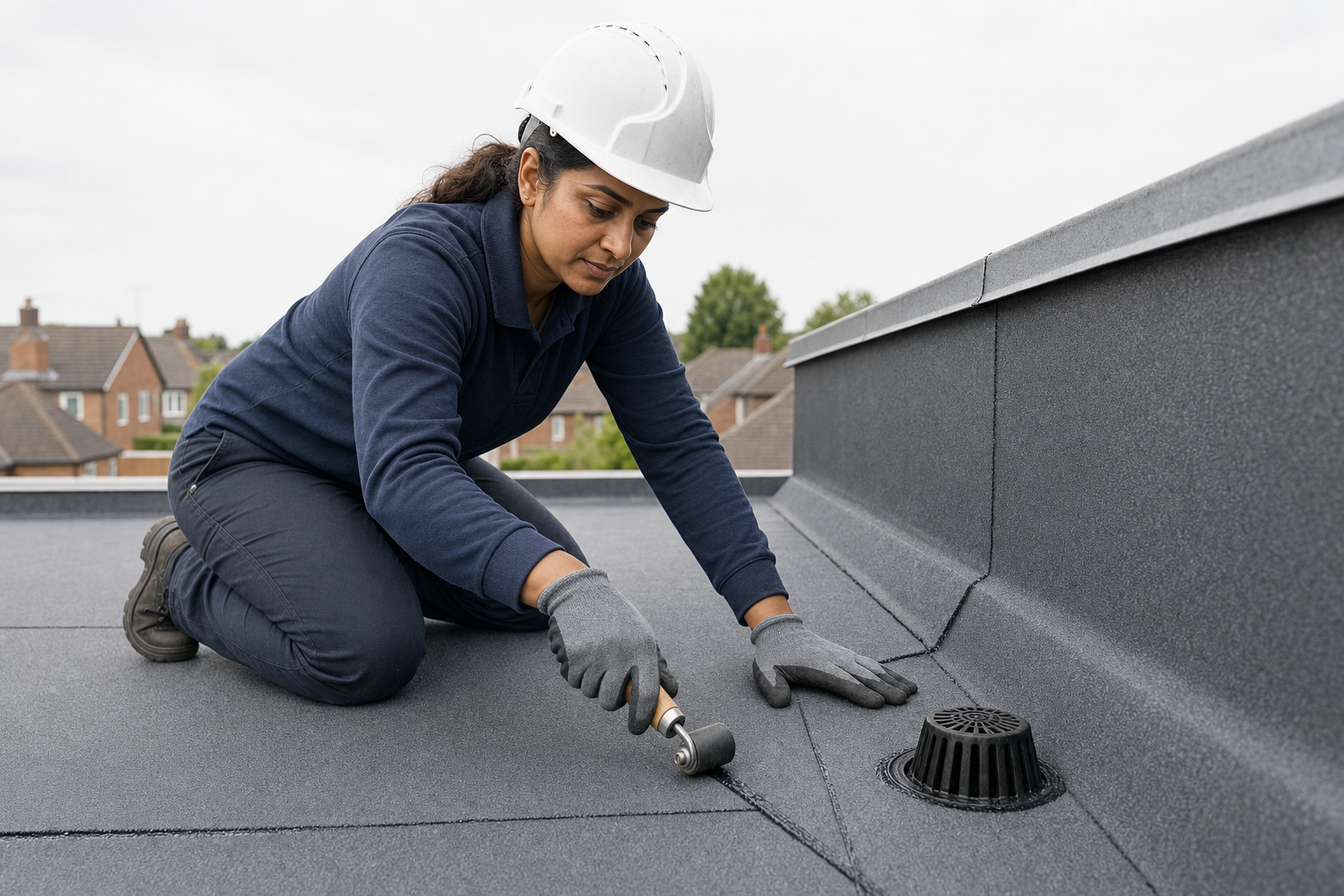 Woman in a hard hat and gloves applies sealant to a flat roof with a roller, with houses visible in the background.