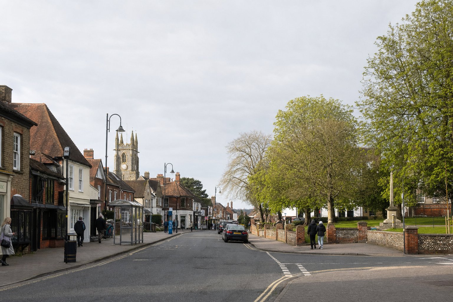 A quaint village street with historic buildings, a church tower in the background, and people walking along the pavement.