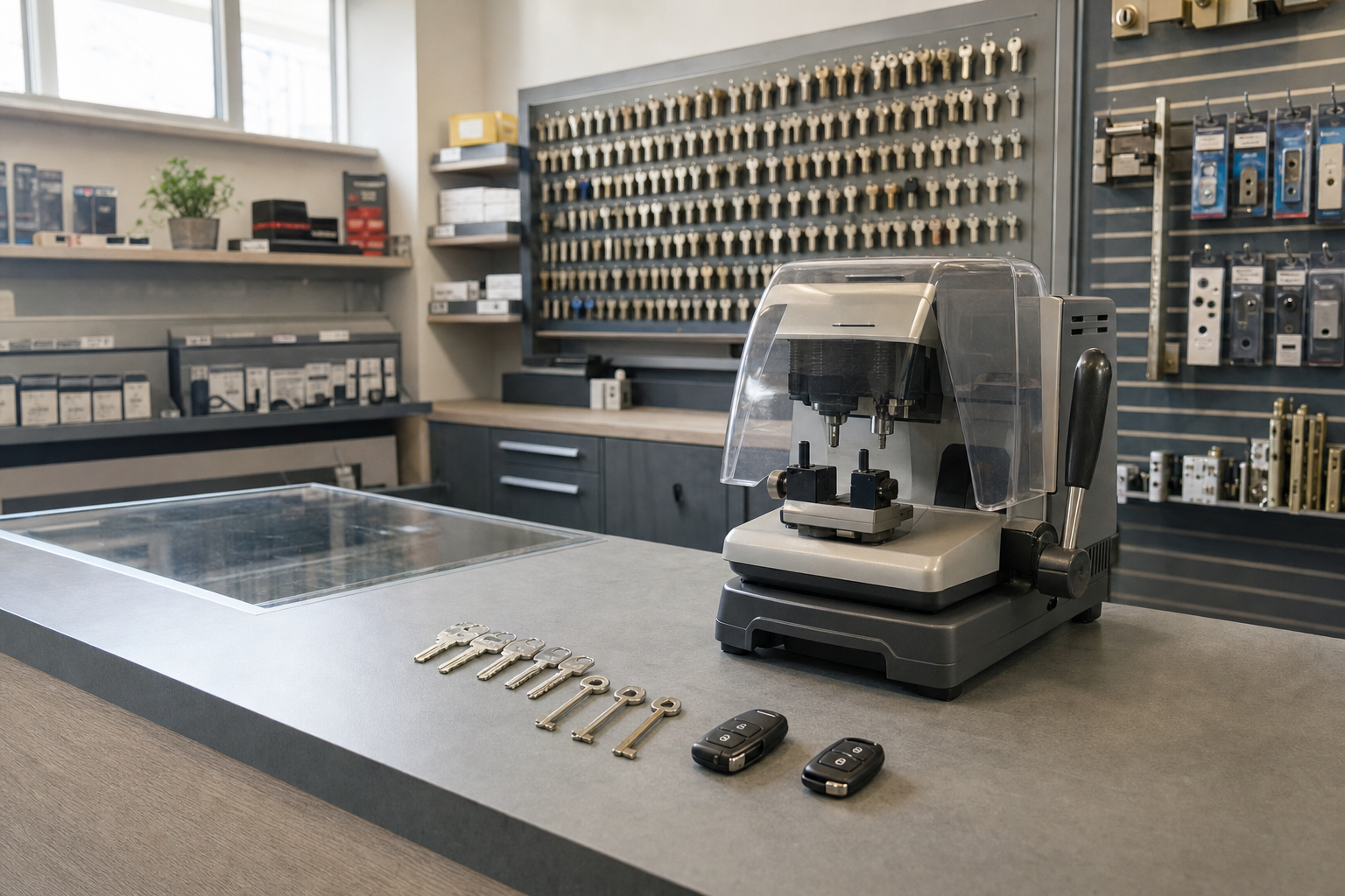 Key cutting machine on a countertop with various keys and car fobs in a locksmith shop.