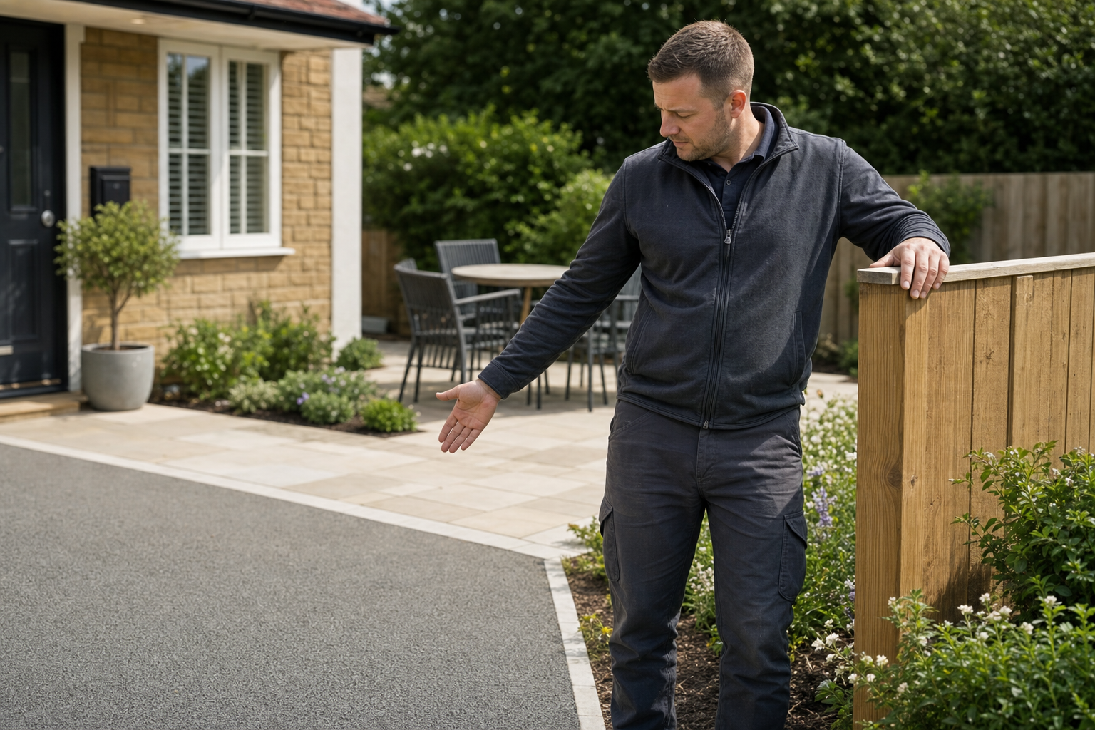 A man gestures towards the driveway beside a modern house with a garden and patio furniture.