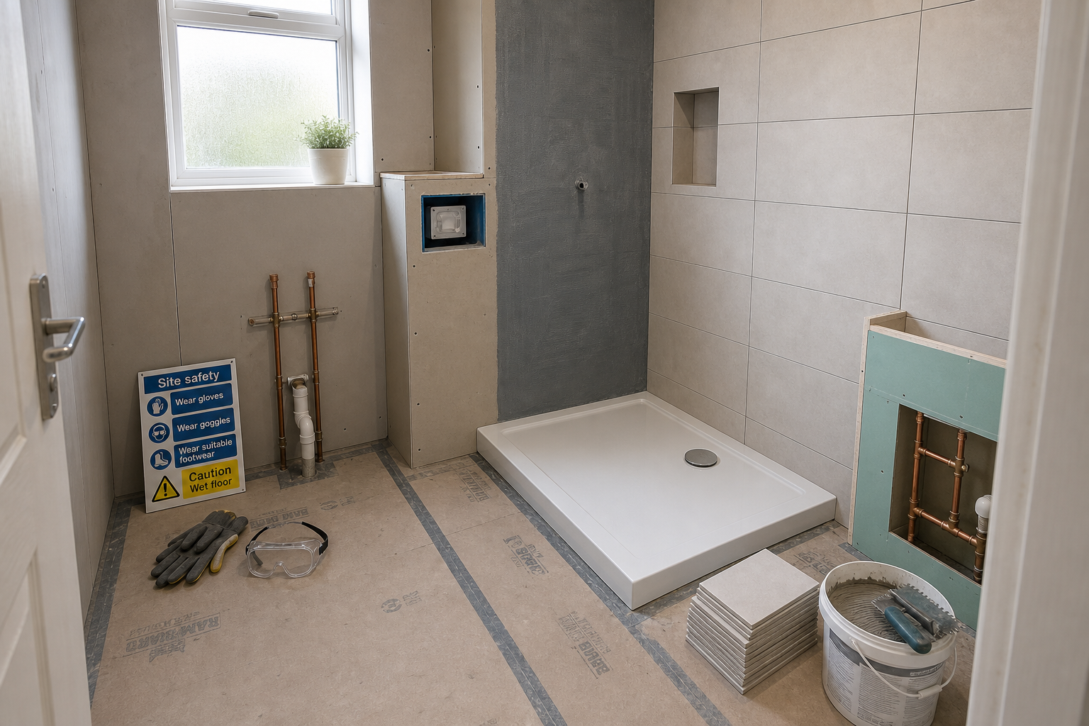 Partially constructed bathroom with a shower tray, safety sign, and tile stack, highlighting plumbing and tiling in progress.
