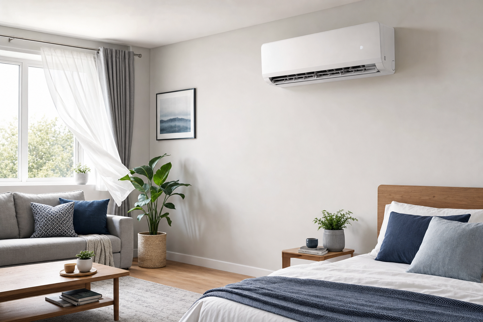 Modern bedroom with a tidy bed, air conditioner, sofa, and large plant near a window with sheer curtains.